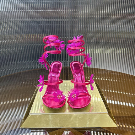RENE CAOVILLA 26S FLORAL FEATHER HIGH-HEEL SANDALS 100 MM IN DARK PINK LAMBSKIN