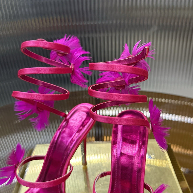 RENE CAOVILLA 26S FLORAL FEATHER HIGH-HEEL SANDALS 100 MM IN DARK PINK LAMBSKIN