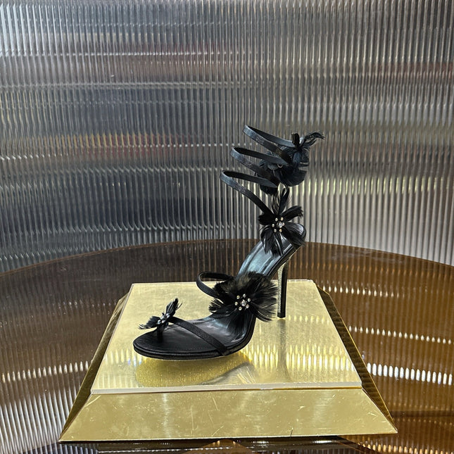 RENE CAOVILLA 26S FLORAL FEATHER HIGH-HEEL SANDALS 100 MM IN BLACK LAMBSKIN