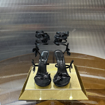 RENE CAOVILLA 26S FLORAL FEATHER HIGH-HEEL SANDALS 100 MM IN BLACK LAMBSKIN