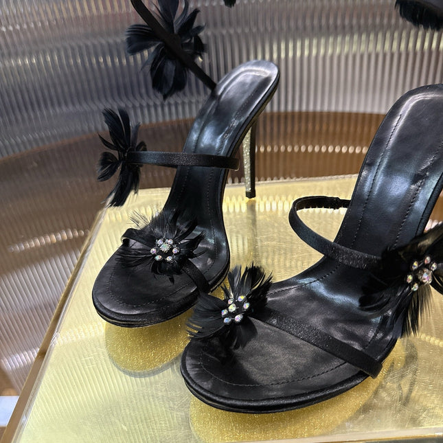 RENE CAOVILLA 26S FLORAL FEATHER HIGH-HEEL SANDALS 100 MM IN BLACK LAMBSKIN