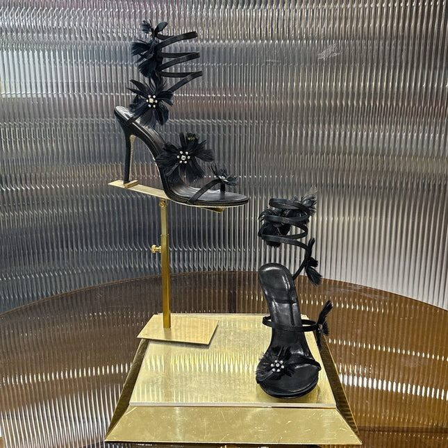RENE CAOVILLA 26S FLORAL FEATHER HIGH-HEEL SANDALS 100 MM IN BLACK LAMBSKIN