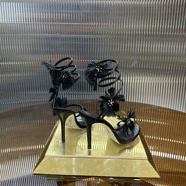 RENE CAOVILLA 26S FLORAL FEATHER HIGH-HEEL SANDALS 100 MM IN BLACK LAMBSKIN