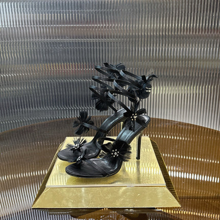RENE CAOVILLA 26S FLORAL FEATHER HIGH-HEEL SANDALS 100 MM IN BLACK LAMBSKIN