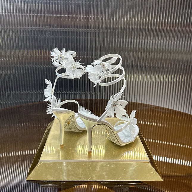RENE CAOVILLA 26S FLORAL FEATHER HIGH-HEEL SANDALS 100 MM IN WHITE LAMBSKIN