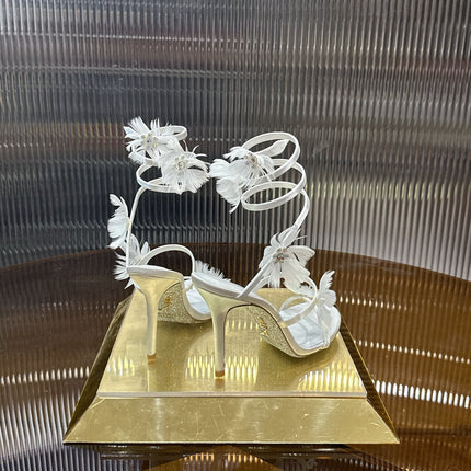 RENE CAOVILLA 26S FLORAL FEATHER HIGH-HEEL SANDALS 100 MM IN WHITE LAMBSKIN