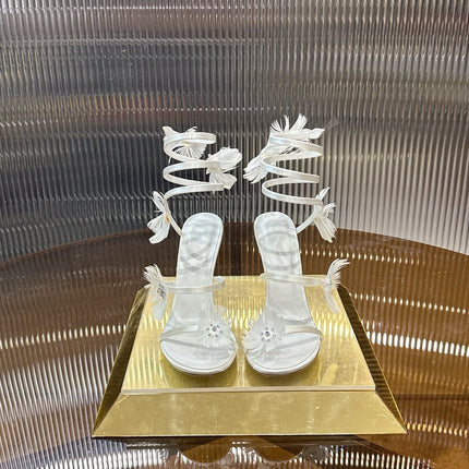 RENE CAOVILLA 26S FLORAL FEATHER HIGH-HEEL SANDALS 100 MM IN WHITE LAMBSKIN
