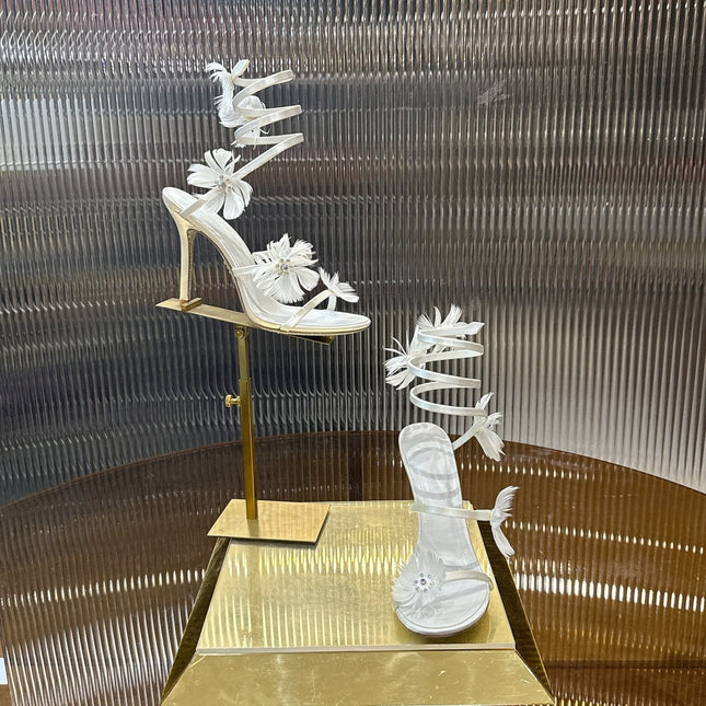 RENE CAOVILLA 26S FLORAL FEATHER HIGH-HEEL SANDALS 100 MM IN WHITE LAMBSKIN