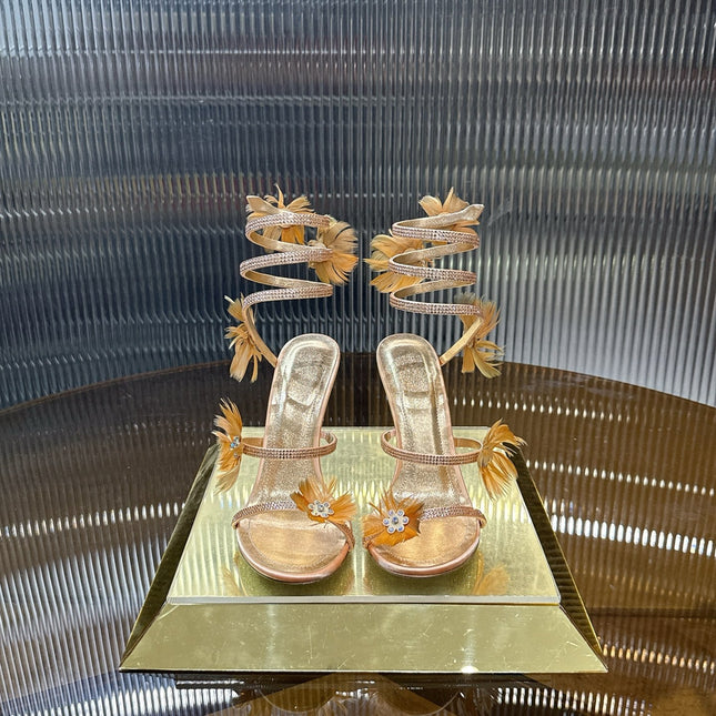 RENE CAOVILLA 26S FLORAL FEATHER HIGH-HEEL SANDALS 100 MM IN MATCHING NUDE LAMBSKIN
