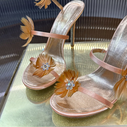 RENE CAOVILLA 26S FLORAL FEATHER HIGH-HEEL SANDALS 100 MM IN MATCHING NUDE LAMBSKIN