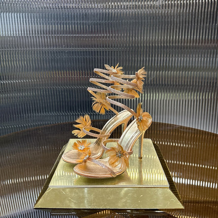 RENE CAOVILLA 26S FLORAL FEATHER HIGH-HEEL SANDALS 100 MM IN MATCHING NUDE LAMBSKIN