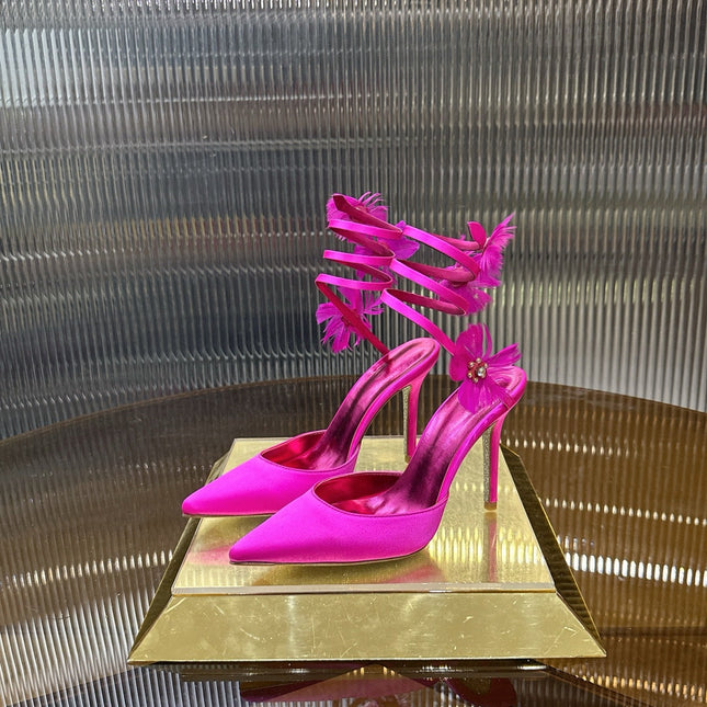RENE CAOVILLA 26S FLORAL FEATHER HIGH HEELS 100 MM IN DARK PINK SATIN