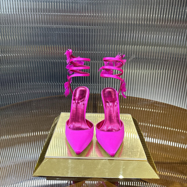 RENE CAOVILLA 26S FLORAL FEATHER HIGH HEELS 100 MM IN DARK PINK SATIN