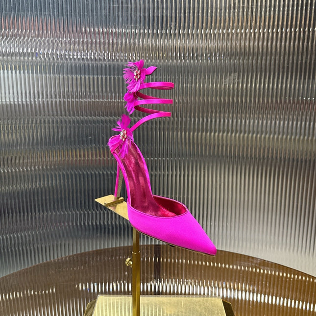 RENE CAOVILLA 26S FLORAL FEATHER HIGH HEELS 100 MM IN DARK PINK SATIN