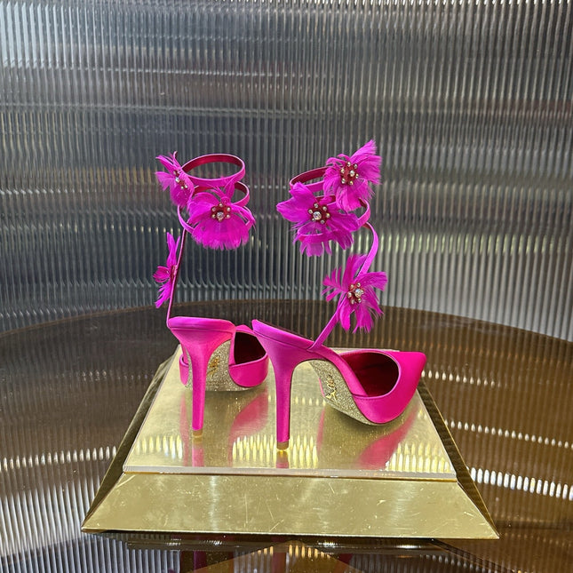 RENE CAOVILLA 26S FLORAL FEATHER HIGH HEELS 100 MM IN DARK PINK SATIN