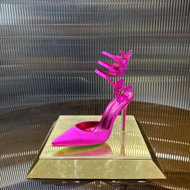 RENE CAOVILLA 26S FLORAL FEATHER HIGH HEELS 100 MM IN DARK PINK SATIN