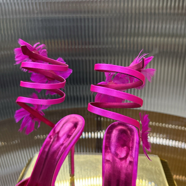 RENE CAOVILLA 26S FLORAL FEATHER HIGH HEELS 100 MM IN DARK PINK SATIN