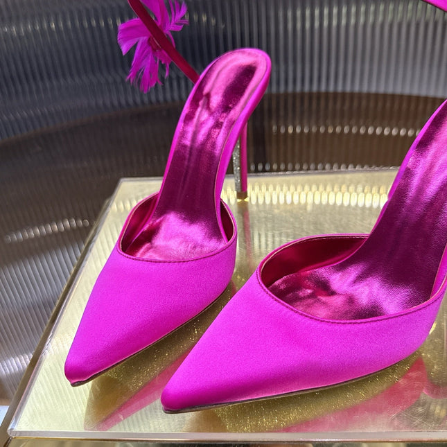 RENE CAOVILLA 26S FLORAL FEATHER HIGH HEELS 100 MM IN DARK PINK SATIN