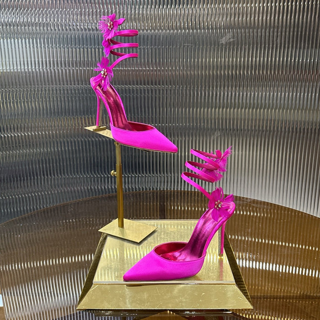 RENE CAOVILLA 26S FLORAL FEATHER HIGH HEELS 100 MM IN DARK PINK SATIN