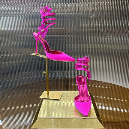 RENE CAOVILLA 26S FLORAL FEATHER HIGH HEELS 100 MM IN DARK PINK SATIN