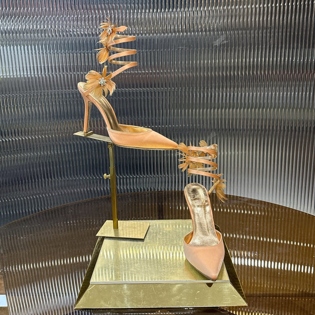 RENE CAOVILLA 26S FLORAL FEATHER HIGH HEELS 100 MM IN MATCHING NUDE SATIN