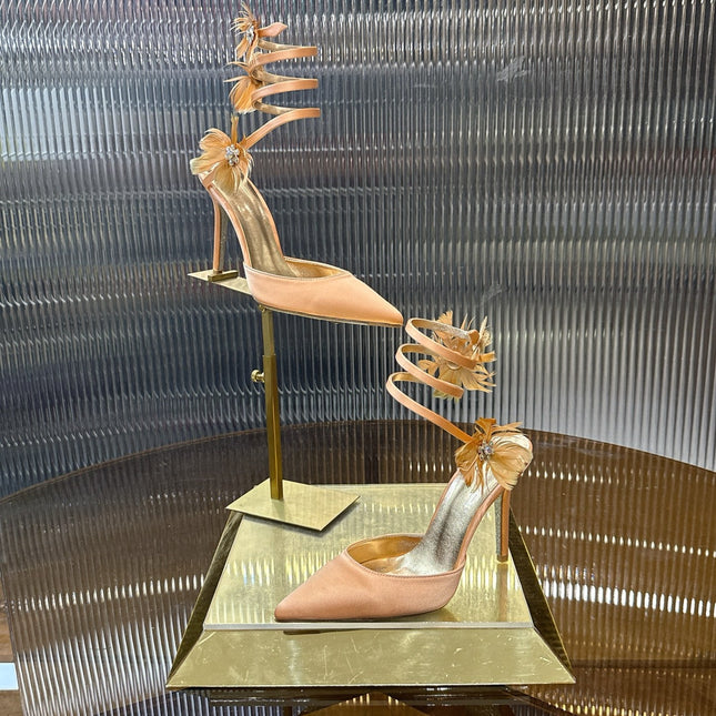 RENE CAOVILLA 26S FLORAL FEATHER HIGH HEELS 100 MM IN MATCHING NUDE SATIN
