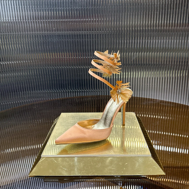 RENE CAOVILLA 26S FLORAL FEATHER HIGH HEELS 100 MM IN MATCHING NUDE SATIN