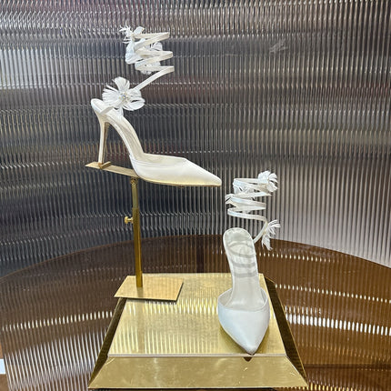 RENE CAOVILLA 26S FLORAL FEATHER HIGH HEELS 100 MM IN WHITE SATIN
