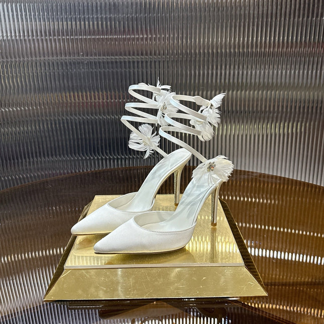 RENE CAOVILLA 26S FLORAL FEATHER HIGH HEELS 100 MM IN WHITE SATIN