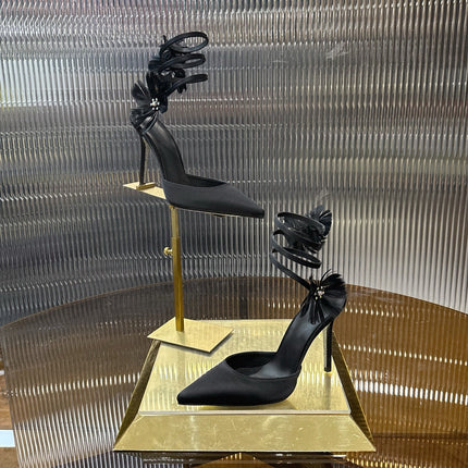RENE CAOVILLA 26S FLORAL FEATHER HIGH HEELS 100 MM IN BLACK SATIN