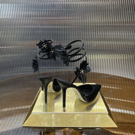 RENE CAOVILLA 26S FLORAL FEATHER HIGH HEELS 100 MM IN BLACK SATIN