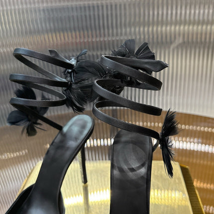 RENE CAOVILLA 26S FLORAL FEATHER HIGH HEELS 100 MM IN BLACK SATIN