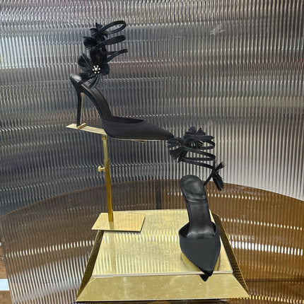 RENE CAOVILLA 26S FLORAL FEATHER HIGH HEELS 100 MM IN BLACK SATIN