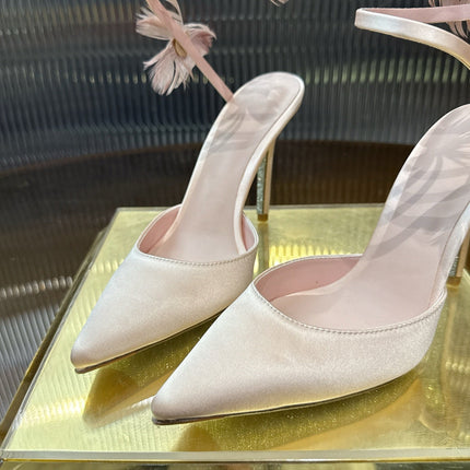 RENE CAOVILLA 26S FLORAL FEATHER HIGH HEELS 100 MM IN NUDE SATIN