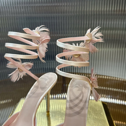 RENE CAOVILLA 26S FLORAL FEATHER HIGH HEELS 100 MM IN NUDE SATIN