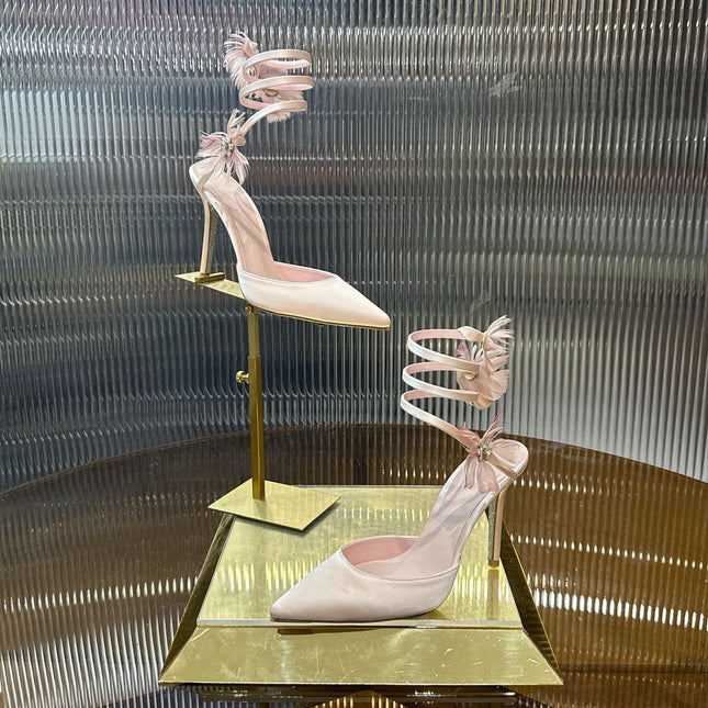 RENE CAOVILLA 26S FLORAL FEATHER HIGH HEELS 100 MM IN NUDE SATIN
