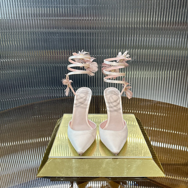 RENE CAOVILLA 26S FLORAL FEATHER HIGH HEELS 100 MM IN NUDE SATIN