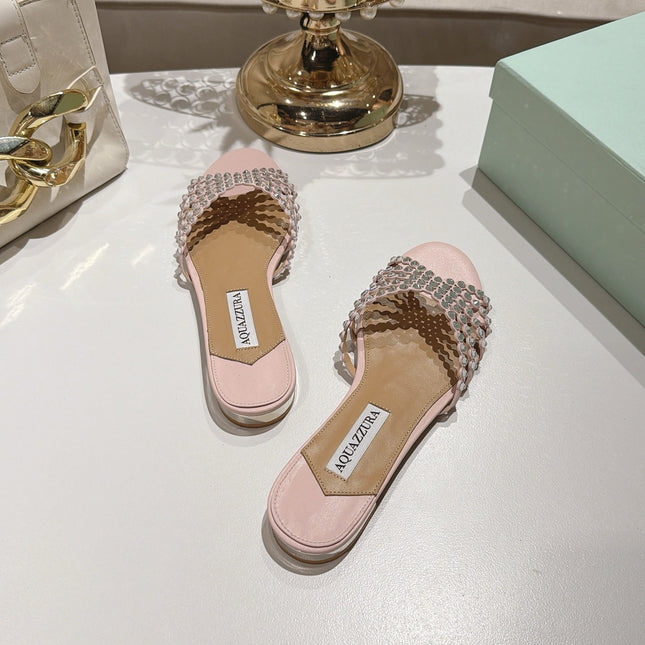 AQUAZZURA 26S SLIDES IN LIGHT PINK LAMBSKIN CRYSTAL EMBELLISHED