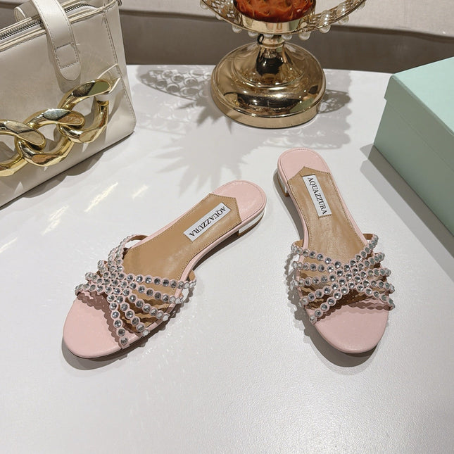 AQUAZZURA 26S SLIDES IN LIGHT PINK LAMBSKIN CRYSTAL EMBELLISHED