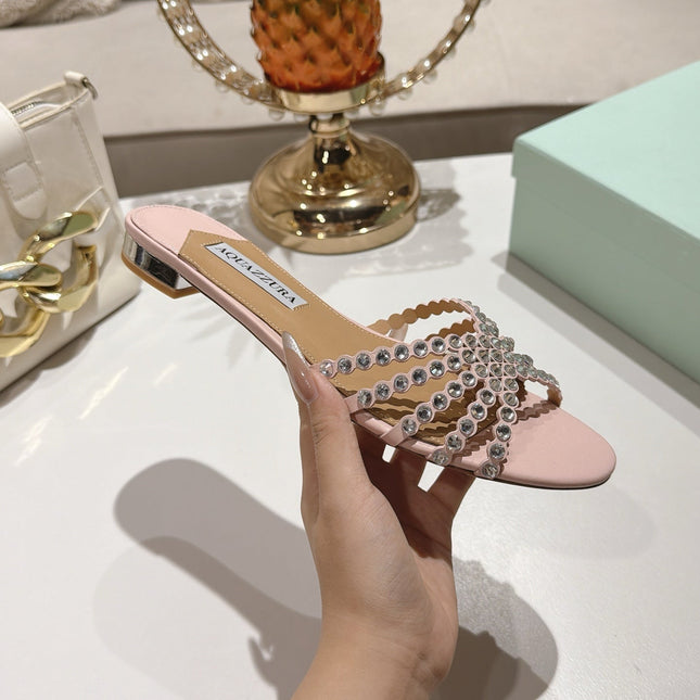 AQUAZZURA 26S SLIDES IN LIGHT PINK LAMBSKIN CRYSTAL EMBELLISHED