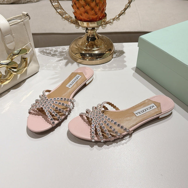 AQUAZZURA 26S SLIDES IN LIGHT PINK LAMBSKIN CRYSTAL EMBELLISHED
