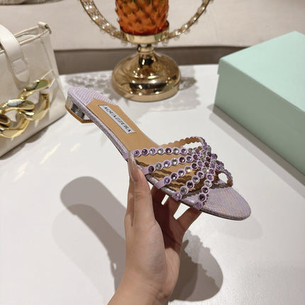 AQUAZZURA 26S SLIDES IN LIGHT PURPLE SNAKESKIN CRYSTAL EMBELLISHED