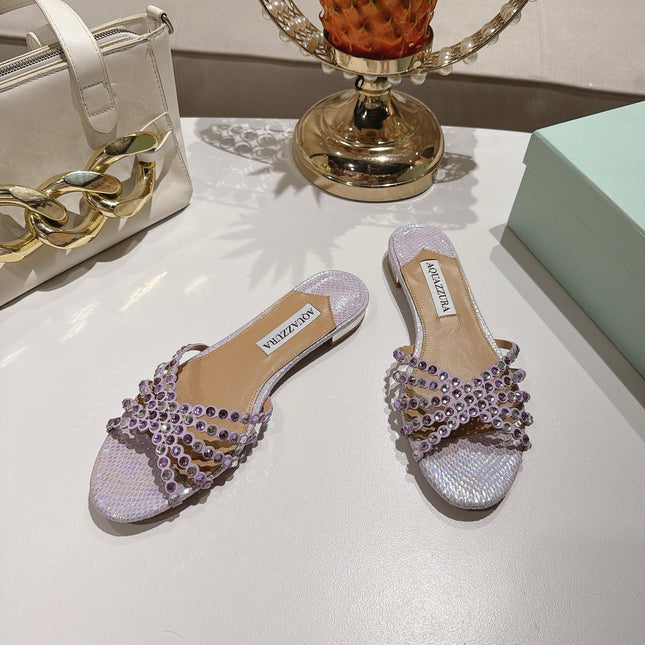 AQUAZZURA 26S SLIDES IN LIGHT PURPLE SNAKESKIN CRYSTAL EMBELLISHED