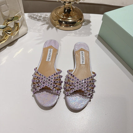 AQUAZZURA 26S SLIDES IN LIGHT PURPLE SNAKESKIN CRYSTAL EMBELLISHED