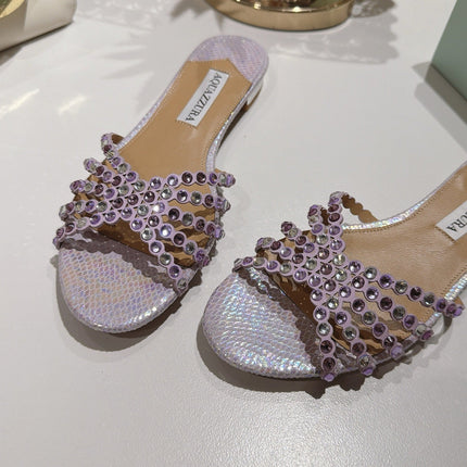 AQUAZZURA 26S SLIDES IN LIGHT PURPLE SNAKESKIN CRYSTAL EMBELLISHED
