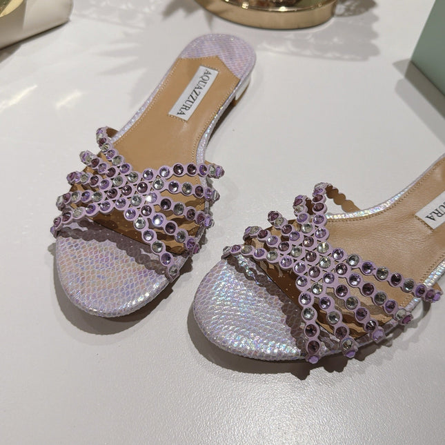 AQUAZZURA 26S SLIDES IN LIGHT PURPLE SNAKESKIN CRYSTAL EMBELLISHED