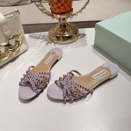 AQUAZZURA 26S SLIDES IN LIGHT PURPLE SNAKESKIN CRYSTAL EMBELLISHED