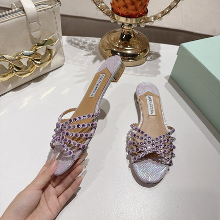 AQUAZZURA 26S SLIDES IN LIGHT PURPLE SNAKESKIN CRYSTAL EMBELLISHED