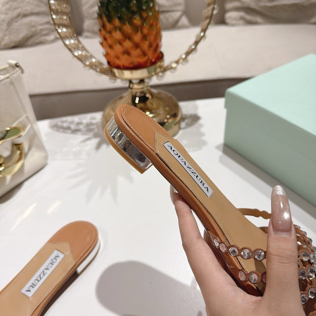 AQUAZZURA 26S SLIDES IN LIGHT BROWN LAMBSKIN CRYSTAL EMBELLISHED