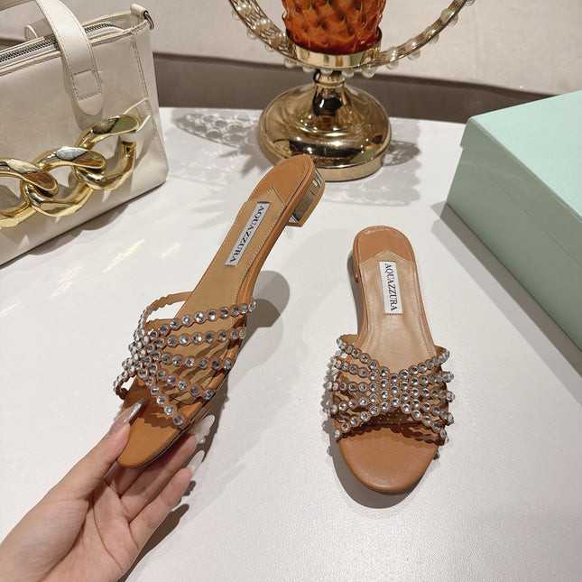 AQUAZZURA 26S SLIDES IN LIGHT BROWN LAMBSKIN CRYSTAL EMBELLISHED